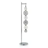 Floor lamp, chrome finish, cylindrical stem with six smoky gray rippled glass shades suspended from a horizontal chrome bar.