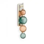 Wall sconce, brass and glass, features three stacked spherical shades in amber-orange and seafoam green, with a vertical ribbed texture.