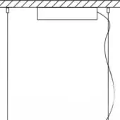 Ceiling light fixture, brushed metal, rectangular cup with two descending striped cables and a visible cable gripper labeled "(f)".