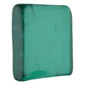 Irregular green resin object with rounded edges, translucent surface, dark inclusions, glossy finish, set against a white background.