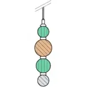 Decorative beads in pale green, tan, yellow, and gray with linear and swirling patterns are strung vertically on a white cord against a white backdrop.