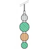 Decorative beads on wire, gray, light green, orange striped spheres with white spacers, glossy finish, vertical arrangement, plain white background.