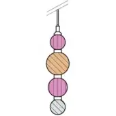 Vertical strand of four spherical beads—pink, tan, pink, silver—separated by white rings, suspended from a clear wire against a white backdrop.