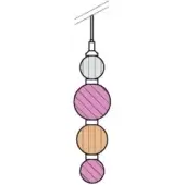 Decorative bead string with silver, pink, and orange striped spherical beads, white accents, suspended from a wire against white backdrop.