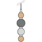 Decorative bead string with orange wood grain, gray stripes, and silver accents suspended by parallel lines, minimalist design.
