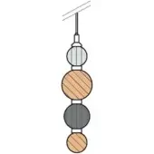Decorative bead strand with gray, brown, and beige circular beads suspended from a white ceiling with thin white cords.