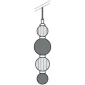 Hanging mobile with four gray spheres connected by rectangular links, alternating striped and solid textures, suspended from thin wires.