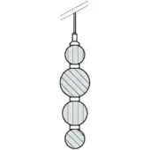 Four striped spheres connected by cylindrical links hang from a wire against a white backdrop, displaying a graduated circular composition.
