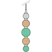 Spherical bead strand with alternating gray, tan wood grain, and pale green linear patterns suspended from a thin wire on white background.