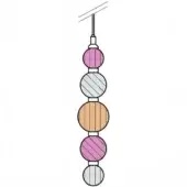 Spherical bead strand with pink, silver, and orange striped beads suspended on a cord, arranged vertically with dark rings between each.