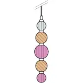 Spherical bead strand with gray, orange wood-grain, and pink beads alternating with white spacers suspended from a white cord.
