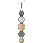 Hanging bead strand featuring gray swirl, white linear, and tan wood-grain beads separated by light gray rings on a white backdrop.