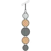 Hanging beads on wire display silver, gray, and light brown woodgrain spherical shapes evenly spaced for decorative effect.