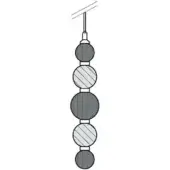 Hanging mobile with six gray spheres, alternating striped and solid finishes, separated by white rings on a thin wire.