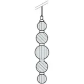 Spherical lanterns with striped interiors hang vertically from cords; light-colored metal or ceramic, matte finish, linear arrangement, white background.