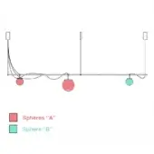 Suspension lamp, silver metal, with staggered red and turquoise spherical pendants suspended from curved cables, studio shot.