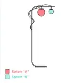 Le Perle floor lamp, white metal arch, coral red and turquoise spheres, gray-blue wavy stem, rectangular gray base, modern minimalist design.