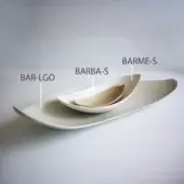 Ceramic dishes, matte off-white, asymmetrical teardrop shape, arranged on white surface against gray backdrop, labeled BAR-LGO, BARBA-S, BARME-S.
