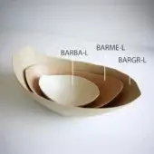 Nested bowls BARBA-L, BARME-L, BARGR-L, light-brown pliable material, organic shape, matte white interior, minimalist studio arrangement.