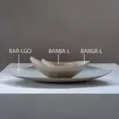 Ceramic bowls labeled “BAR-LGO,” “BARBA-L,” and “BARGR-L” on gray ceramic platter, decreasing in size, boat-like shape, matte beige-gray finish.