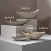 Ceramic bowls in beige-gray, staggered on taupe panels, labeled BARGR-L, BARGR-S, BARBA-L, BARBA-S, and BARME-L, with matte finish.