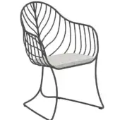Metal chair, dark gray finish, leaf-inspired design with curved rods forming backrest and armrests, square gray fabric seat cushion, X-leg base.