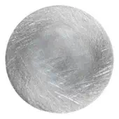 Satin chrome disc with brushed radial pattern against white, displaying a matte finish and diffused light reflection across a uniform circular form.