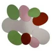 Irregularly shaped mirrors in muted green, rose, burgundy & gray tones are clustered against a white backdrop, featuring oval & gradient designs.