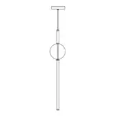 Pendant light, brushed metal, rectangular mount with central sphere and elongated light element, minimalist geometric design.