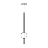 Pendant light, brushed metal, minimalist design featuring a square mount, cylindrical rod, horizontal bar, and spherical orb with lower cylinder.