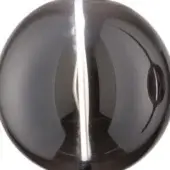 Black nickel glass sphere with vertical reflective line, showing distorted studio reflections and a metallic pole bisecting its glossy surface.