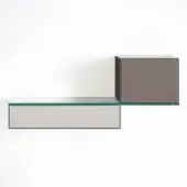 Wall shelving unit, gray and green, features a box cabinet above a horizontal shelf with drawer and clear glass platform.