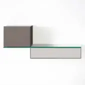 Modular storage system, gray-brown wood and translucent glass, L-shaped configuration with beige drawer and green edge detail.