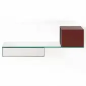 Wall-mounted shelf with rectangular glass, reddish-brown lacquered cube, mirrored drawer, minimalist geometric design, studio lighting.