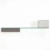Glass shelf with green tint, dark gray box support, and square green-tinted mirror, minimalist wall-mounted design.