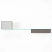 Glass shelf with turquoise edge, mirrored square, and taupe drawer, mounted on white wall, minimalist modern design.