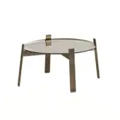 Bronze coffee table with translucent silvered glass top and angled metal legs, minimalist modern design, studio product shot.