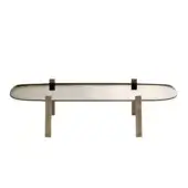 Bronze table with silvered glass tabletop and curved rectangular shape, supported by brushed bronze metal legs with dark gray connectors.