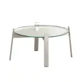 Circular coffee table, silvered glass top, brushed silver metal frame, rectangular legs, minimalist design, translucent tabletop with central accent.