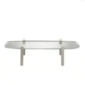 Silvered glass console table, oval shape, stainless steel supports, beveled edge, studio product shot, white background.