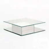Distinguished Glas Italia Ollie coffee table with clear extra-clear tempered glass and glossy white drawer unit built with recessed Blumotion mechanisms