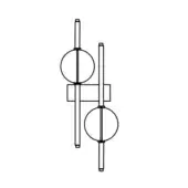 Metal wall sculpture, matte black finish, vertical arrangement of rectangular rods with integrated circular forms and geometric blocks.