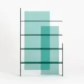 Distinguished Glas Italia Kazimir bookcase with teal gradient shelves and dark-toned metal frame, crafted with acid-etched tempered glass