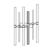 Abstract wall sculpture, black metal, features intersecting rectangular bars in a dynamic linear arrangement against a white backdrop.