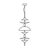 Pendant light, line drawing, geometric tiers, slender rod, conical and circular elements, minimalist modern design, technical illustration.