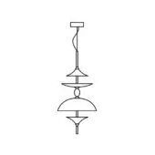 Pendant light, black line drawing, geometric tiered design with conical and bowl-shaped shades, slender rod, circular elements.
