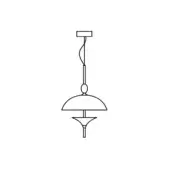 Pendant light, black line drawing, rectangular mount with spherical element and inverted conical shade, minimalist geometric design.