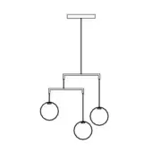 Pendant light, black and white line drawing, rectangular mount with staggered circular rings, minimalist modern design.