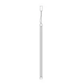 Pendant light, metal, rectangular prism shape with a wider base and top, suspended from a square ceiling mount with a slender cable.