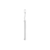 Pendant light, aluminum finish, rectangular fixture with square ceiling mount and cable suspension, minimalist modern design.